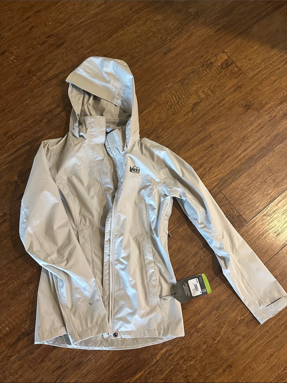 REI Women's Light Gray Hooded Waterproof Trench